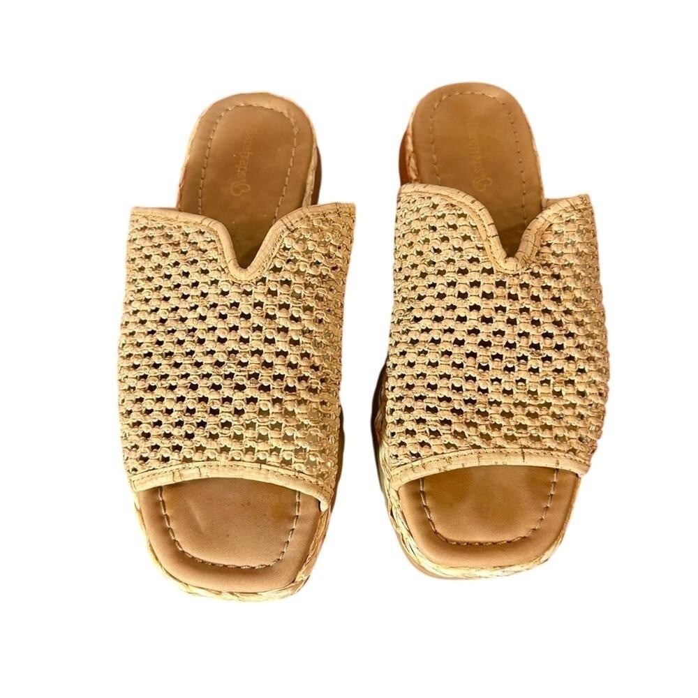 Baretraps Tasmine Tan Woven Wedge Slide Sandals 7.5 Summer Festival Boho Beach